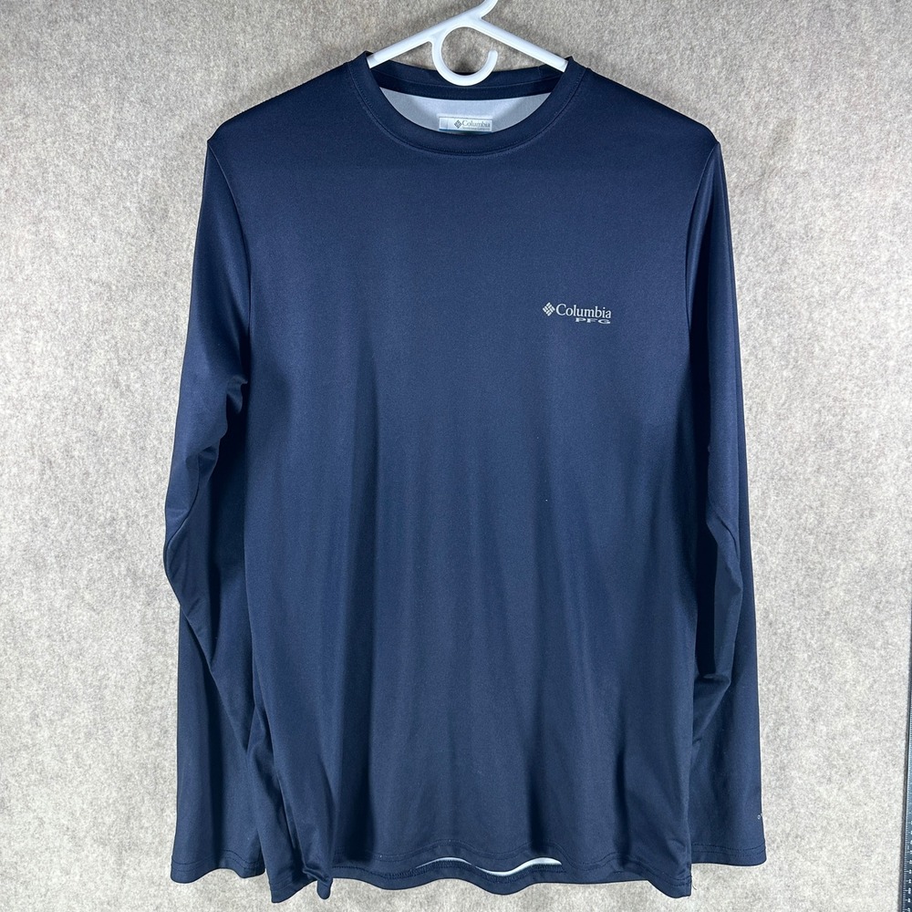 Columbia PFG Terminal Tackle Fish Flag Long Sleeve Shirt Mens Size Small Navy